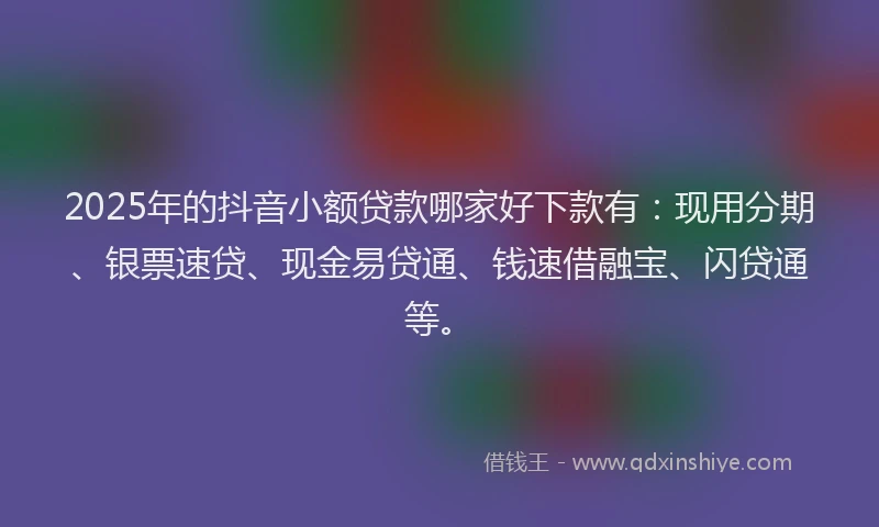 2025年的抖音小额贷款哪家好下款有：现用分期、银票速贷、现金易贷通、钱速借融宝、闪贷通等。