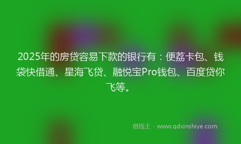 2025年的房贷容易下款的银行有：便荔卡包、钱袋快借通、星海飞贷、融悦宝Pro钱包、百度贷你飞等。