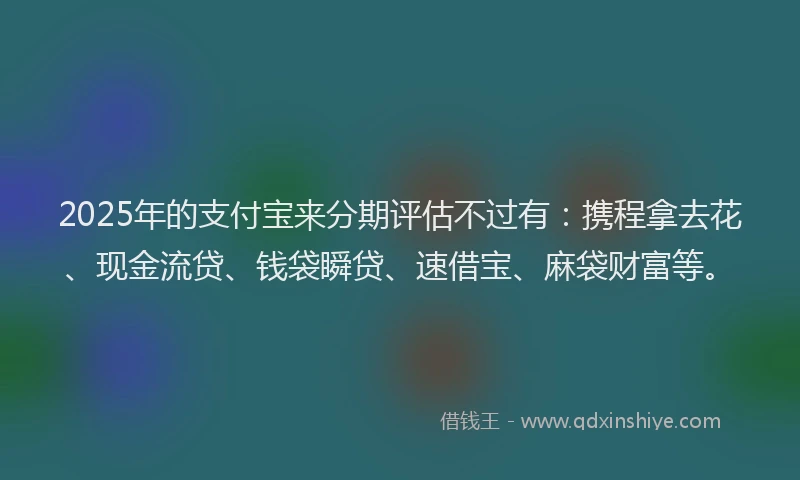 2025年的支付宝来分期评估不过有：携程拿去花、现金流贷、钱袋瞬贷、速借宝、麻袋财富等。