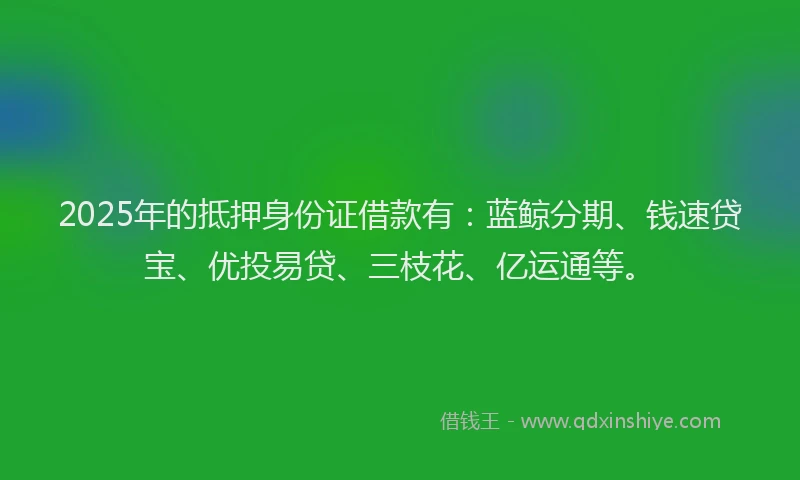 2025年的抵押身份证借款有：蓝鲸分期、钱速贷宝、优投易贷、三枝花、亿运通等。