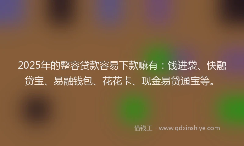2025年的整容贷款容易下款嘛有：钱进袋、快融贷宝、易融钱包、花花卡、现金易贷通宝等。