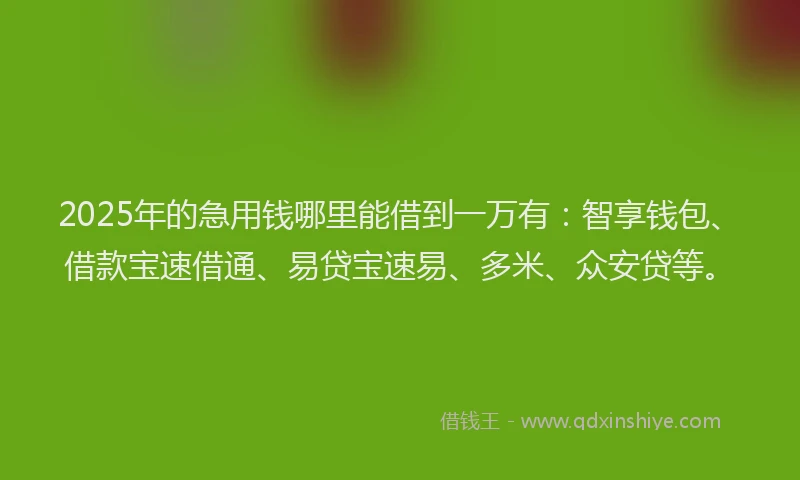2025年的急用钱哪里能借到一万有：智享钱包、借款宝速借通、易贷宝速易、多米、众安贷等。
