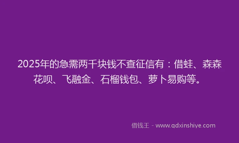 2025年的急需两千块钱不查征信有：借蛙、森森花呗、飞融金、石榴钱包、萝卜易购等。