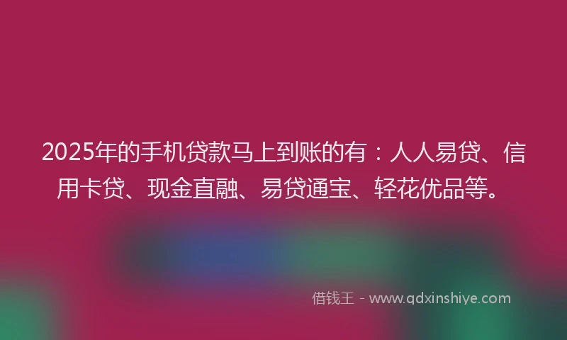 2025年的手机贷款马上到账的有：人人易贷、信用卡贷、现金直融、易贷通宝、轻花优品等。