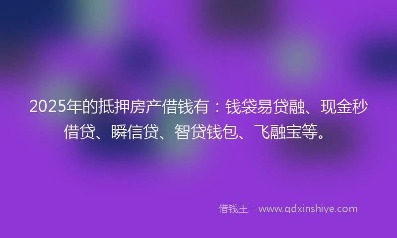 2025年的抵押房产借钱有：钱袋易贷融、现金秒借贷、瞬信贷、智贷钱包、飞融宝等。