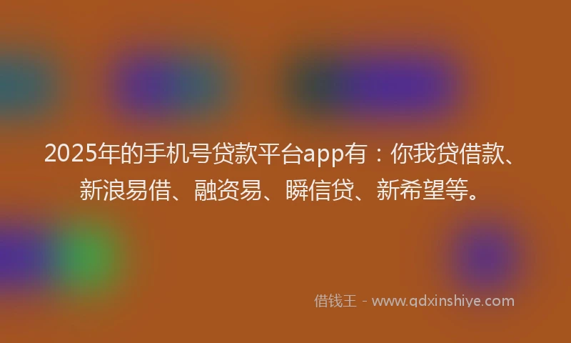 2025年的手机号贷款平台app有：你我贷借款、新浪易借、融资易、瞬信贷、新希望等。