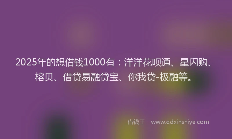 2025年的想借钱1000有：洋洋花呗通、星闪购、榕贝、借贷易融贷宝、你我贷-极融等。