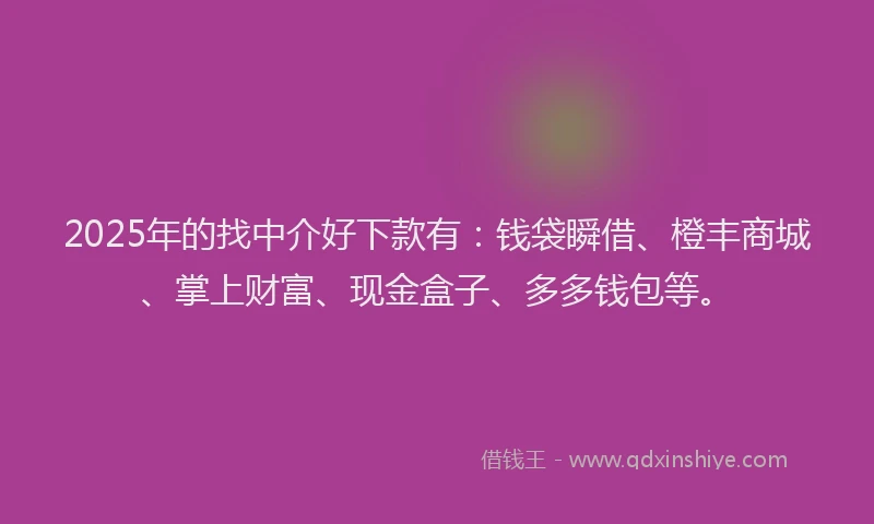 2025年的找中介好下款有：钱袋瞬借、橙丰商城、掌上财富、现金盒子、多多钱包等。