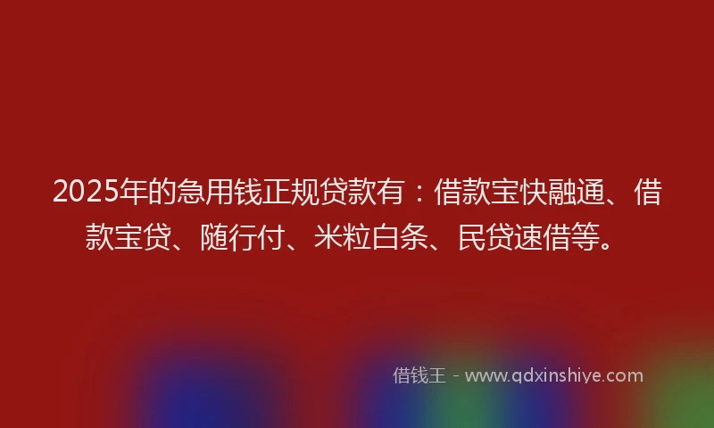 2025年的急用钱正规贷款有：借款宝快融通、借款宝贷、随行付、米粒白条、民贷速借等。