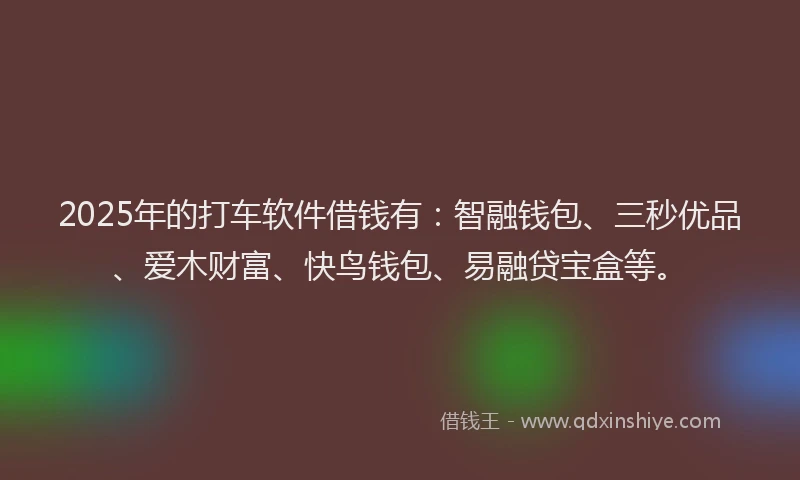 2025年的打车软件借钱有：智融钱包、三秒优品、爱木财富、快鸟钱包、易融贷宝盒等。