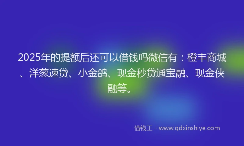 2025年的提额后还可以借钱吗微信有：橙丰商城、洋葱速贷、小金鸽、现金秒贷通宝融、现金侠融等。