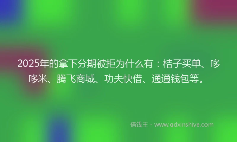 2025年的拿下分期被拒为什么有：桔子买单、哆哆米、腾飞商城、功夫快借、通通钱包等。