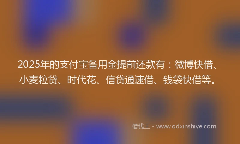 2025年的支付宝备用金提前还款有：微博快借、小麦粒贷、时代花、信贷通速借、钱袋快借等。