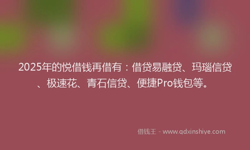 2025年的悦借钱再借有：借贷易融贷、玛瑙信贷、极速花、青石信贷、便捷Pro钱包等。