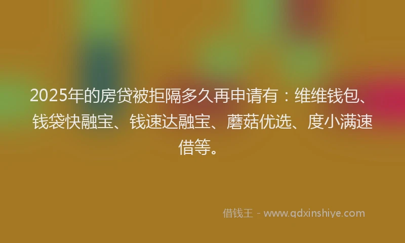 2025年的房贷被拒隔多久再申请有：维维钱包、钱袋快融宝、钱速达融宝、蘑菇优选、度小满速借等。