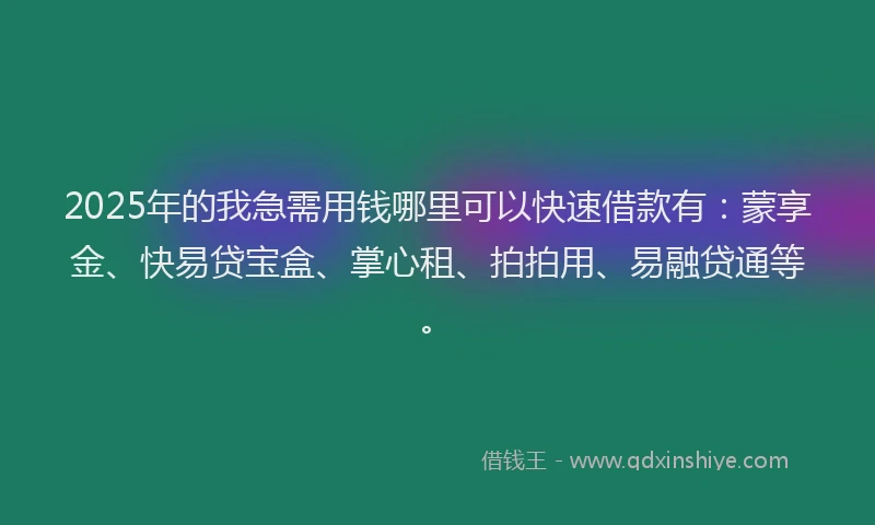 2025年的我急需用钱哪里可以快速借款有：蒙享金、快易贷宝盒、掌心租、拍拍用、易融贷通等。
