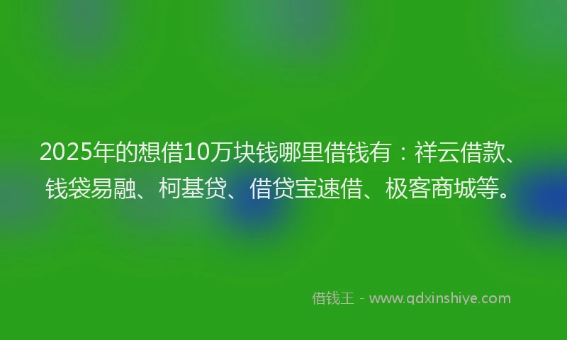 2025年的想借10万块钱哪里借钱有：祥云借款、钱袋易融、柯基贷、借贷宝速借、极客商城等。
