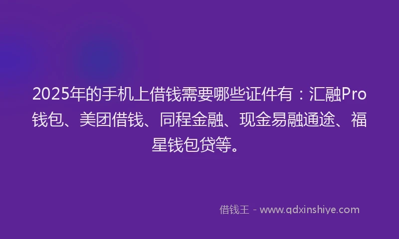 2025年的手机上借钱需要哪些证件有：汇融Pro钱包、美团借钱、同程金融、现金易融通途、福星钱包贷等。