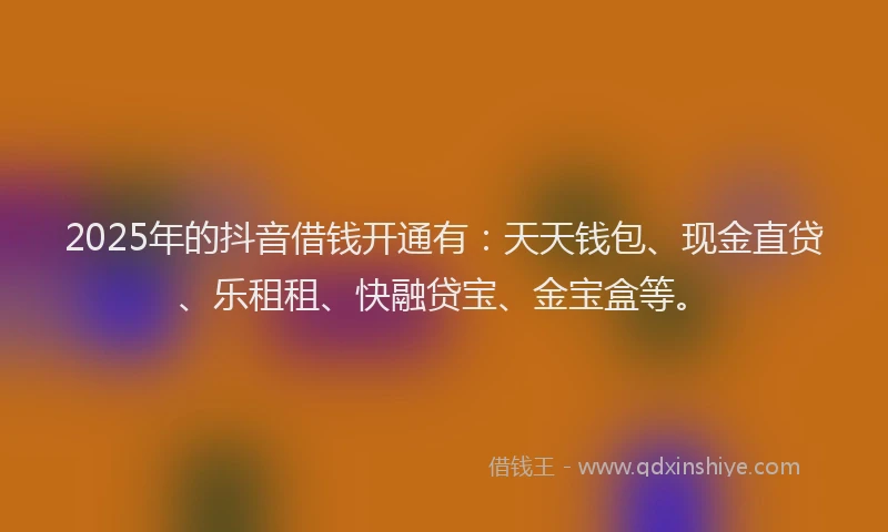 2025年的抖音借钱开通有：天天钱包、现金直贷、乐租租、快融贷宝、金宝盒等。
