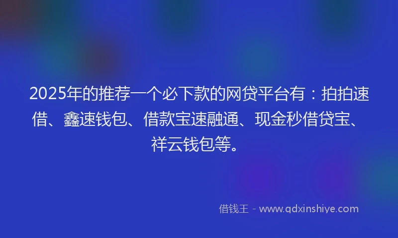 2025年的推荐一个必下款的网贷平台有：拍拍速借、鑫速钱包、借款宝速融通、现金秒借贷宝、祥云钱包等。