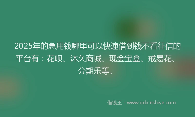 2025年的急用钱哪里可以快速借到钱不看征信的平台有：花呗、沐久商城、现金宝盒、戒易花、分期乐等。
