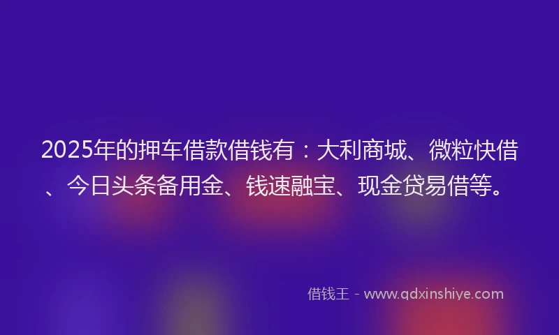2025年的押车借款借钱有：大利商城、微粒快借、今日头条备用金、钱速融宝、现金贷易借等。