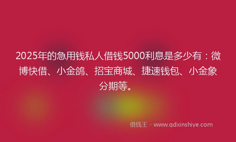 2025年的急用钱私人借钱5000利息是多少有：微博快借、小金鸽、招宝商城、捷速钱包、小金象分期等。