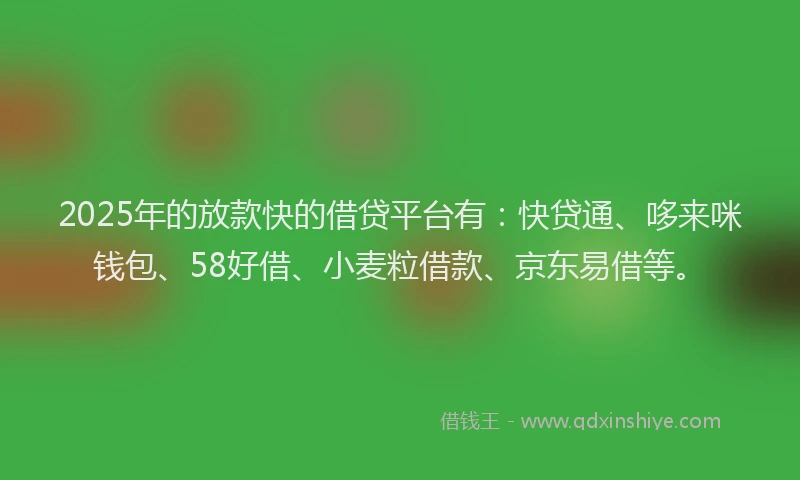 2025年的放款快的借贷平台有：快贷通、哆来咪钱包、58好借、小麦粒借款、京东易借等。
