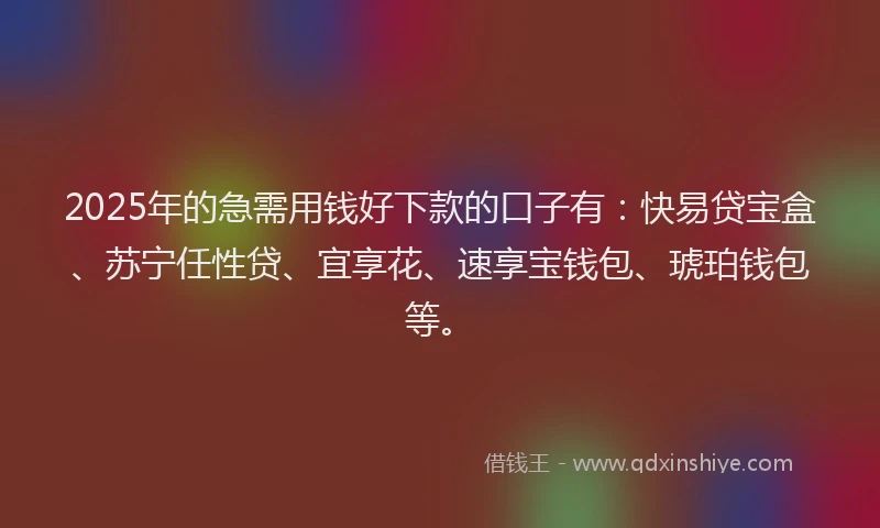 2025年的急需用钱好下款的口子有：快易贷宝盒、苏宁任性贷、宜享花、速享宝钱包、琥珀钱包等。