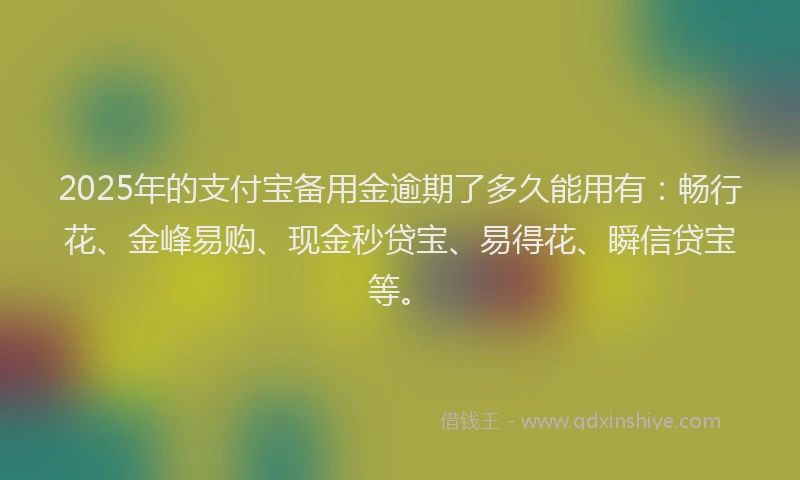2025年的支付宝备用金逾期了多久能用有：畅行花、金峰易购、现金秒贷宝、易得花、瞬信贷宝等。