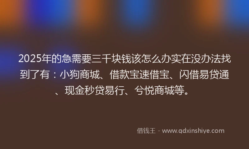 2025年的急需要三千块钱该怎么办实在没办法找到了有：小狗商城、借款宝速借宝、闪借易贷通、现金秒贷易行、兮悦商城等。