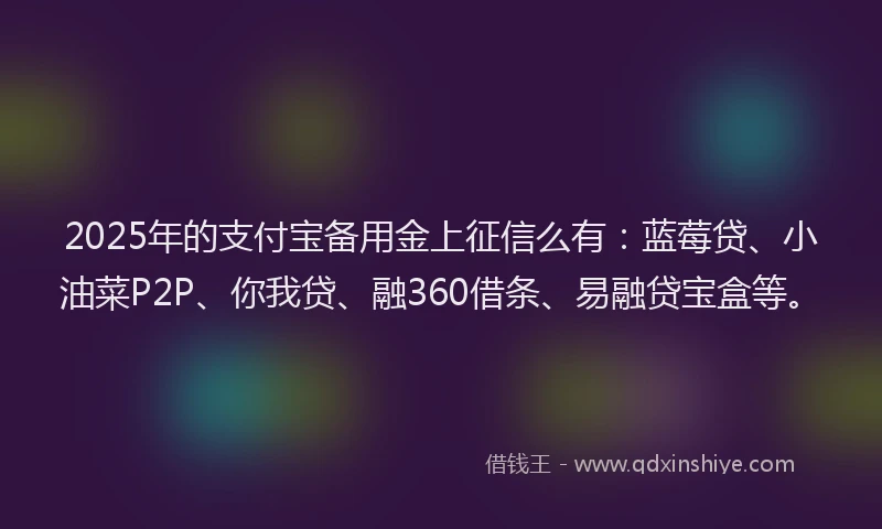2025年的支付宝备用金上征信么有：蓝莓贷、小油菜P2P、你我贷、融360借条、易融贷宝盒等。