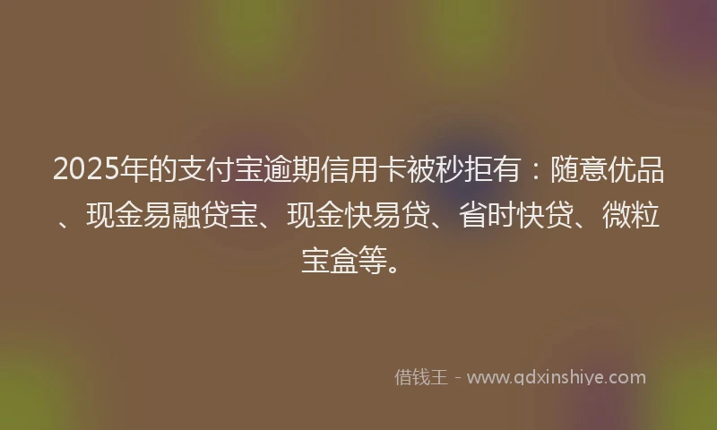 2025年的支付宝逾期信用卡被秒拒有：随意优品、现金易融贷宝、现金快易贷、省时快贷、微粒宝盒等。