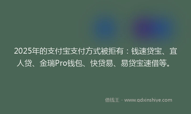 2025年的支付宝支付方式被拒有：钱速贷宝、宜人贷、金瑞Pro钱包、快贷易、易贷宝速借等。