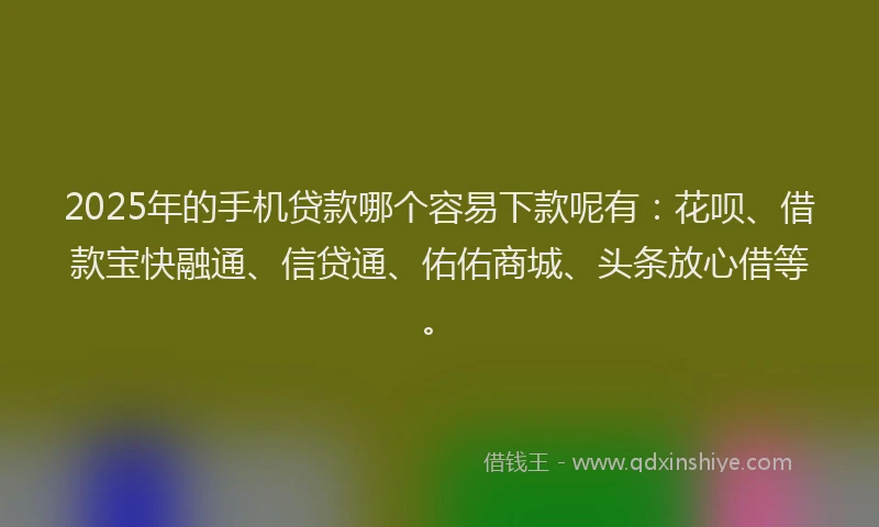 2025年的手机贷款哪个容易下款呢有：花呗、借款宝快融通、信贷通、佑佑商城、头条放心借等。