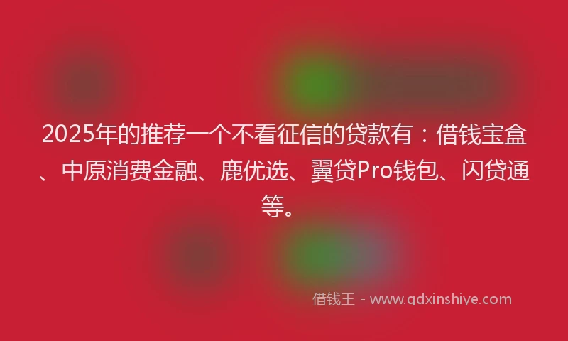 2025年的推荐一个不看征信的贷款有：借钱宝盒、中原消费金融、鹿优选、翼贷Pro钱包、闪贷通等。