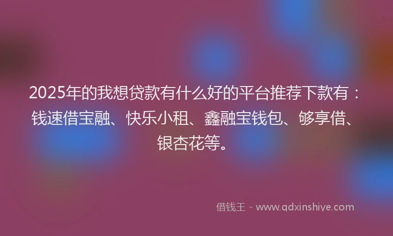 2025年的我想贷款有什么好的平台推荐下款有：钱速借宝融、快乐小租、鑫融宝钱包、够享借、银杏花等。
