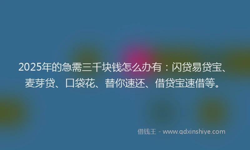 2025年的急需三千块钱怎么办有：闪贷易贷宝、麦芽贷、口袋花、替你速还、借贷宝速借等。