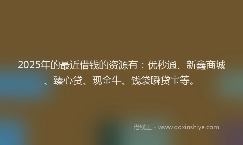 2025年的最近借钱的资源有：优秒通、新鑫商城、臻心贷、现金牛、钱袋瞬贷宝等。