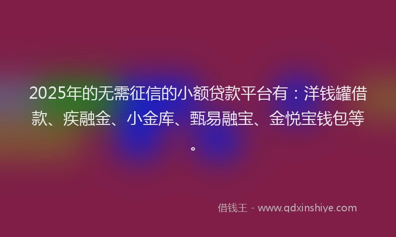 2025年的无需征信的小额贷款平台有：洋钱罐借款、疾融金、小金库、甄易融宝、金悦宝钱包等。