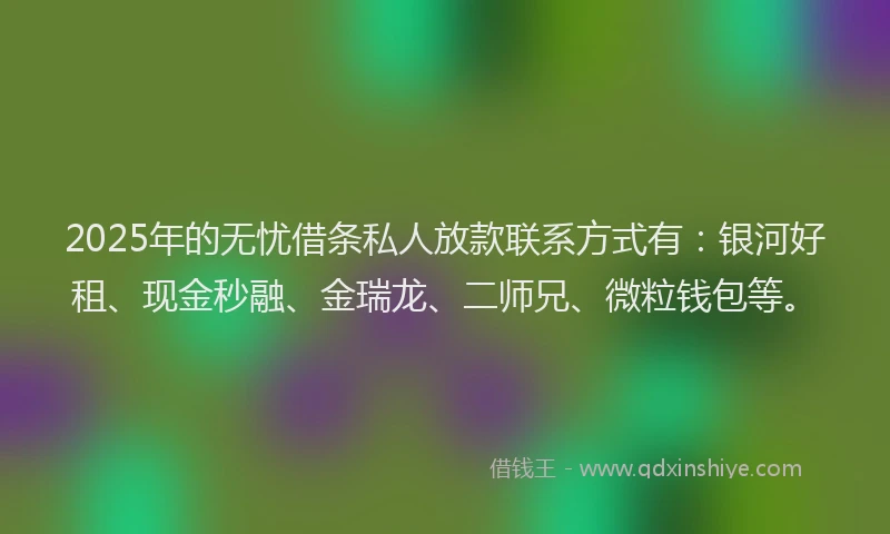 2025年的无忧借条私人放款联系方式有：银河好租、现金秒融、金瑞龙、二师兄、微粒钱包等。