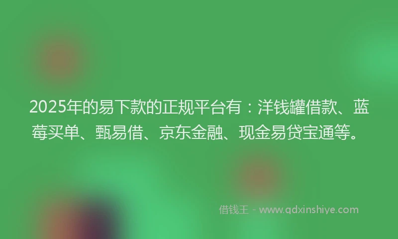 2025年的易下款的正规平台有：洋钱罐借款、蓝莓买单、甄易借、京东金融、现金易贷宝通等。