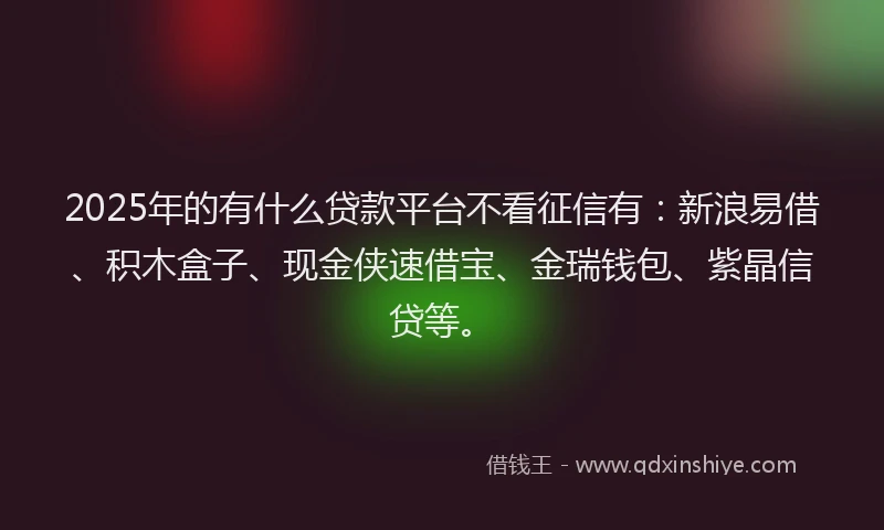 2025年的有什么贷款平台不看征信有：新浪易借、积木盒子、现金侠速借宝、金瑞钱包、紫晶信贷等。