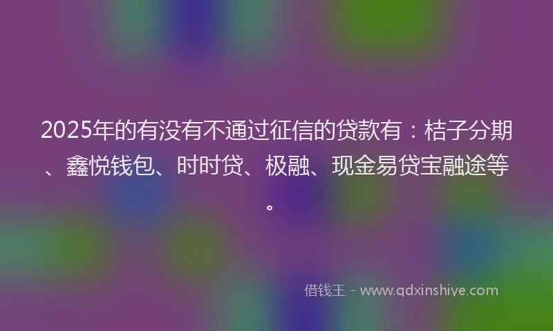 2025年的有没有不通过征信的贷款有：桔子分期、鑫悦钱包、时时贷、极融、现金易贷宝融途等。