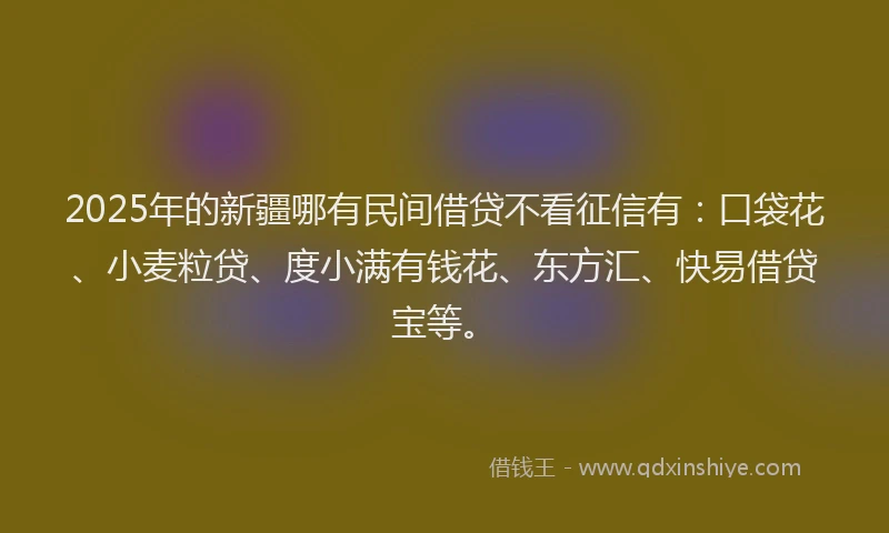 2025年的新疆哪有民间借贷不看征信有：口袋花、小麦粒贷、度小满有钱花、东方汇、快易借贷宝等。