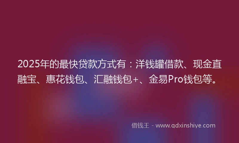 2025年的最快贷款方式有：洋钱罐借款、现金直融宝、惠花钱包、汇融钱包+、金易Pro钱包等。