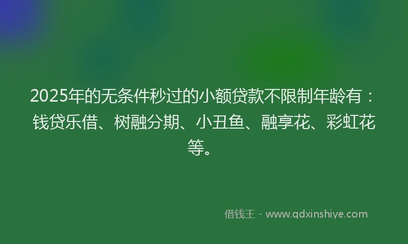 2025年的无条件秒过的小额贷款不限制年龄有：钱贷乐借、树融分期、小丑鱼、融享花、彩虹花等。