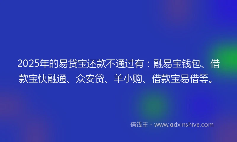 2025年的易贷宝还款不通过有：融易宝钱包、借款宝快融通、众安贷、羊小购、借款宝易借等。