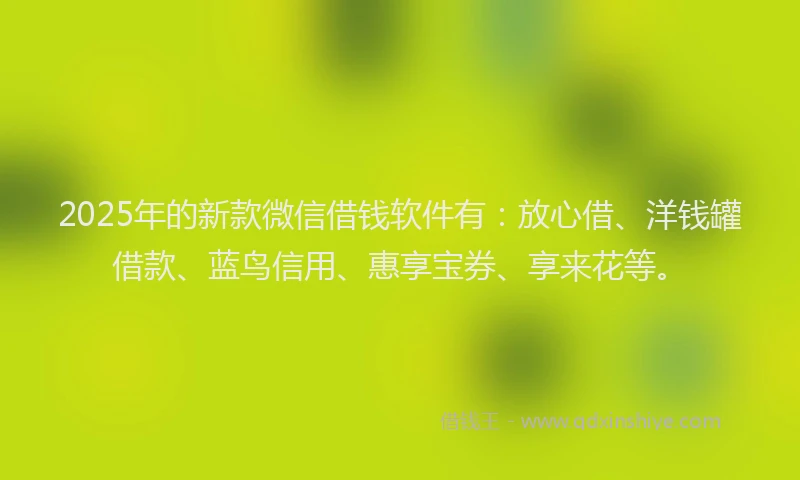 2025年的新款微信借钱软件有：放心借、洋钱罐借款、蓝鸟信用、惠享宝券、享来花等。