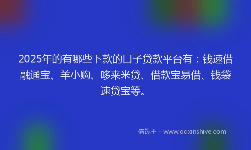 2025年的有哪些下款的口子贷款平台有：钱速借融通宝、羊小购、哆来米贷、借款宝易借、钱袋速贷宝等。